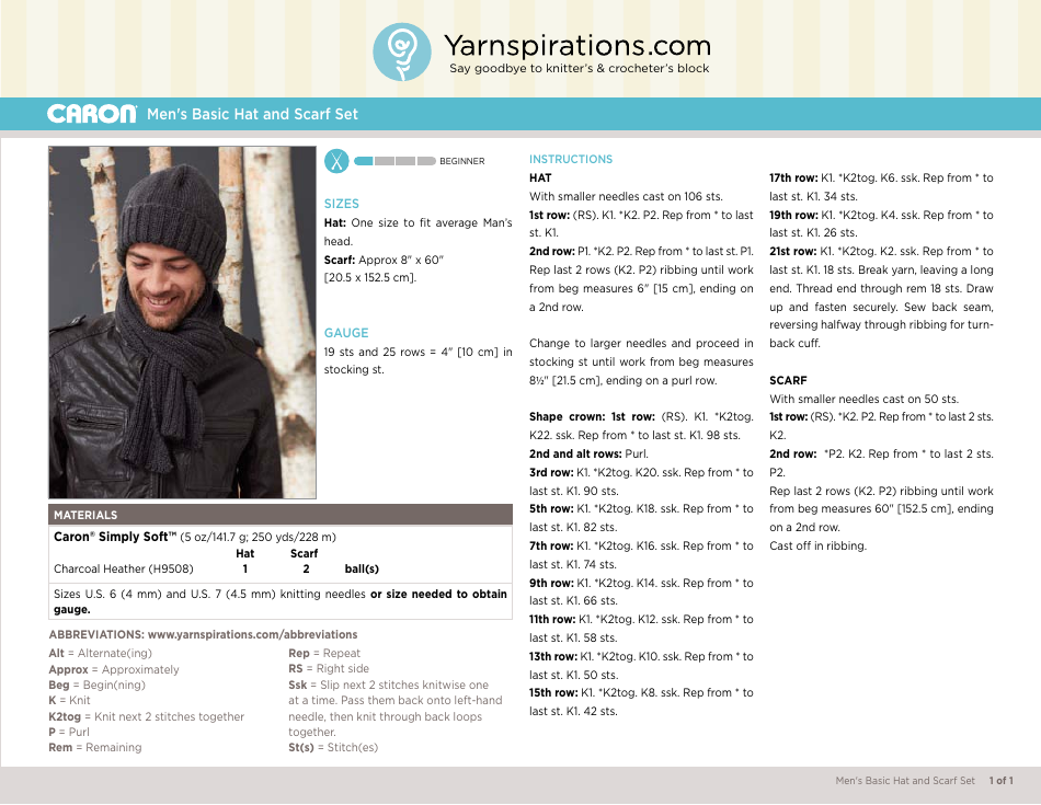 Men's Basic Hat and Scarf Set Knitting Pattern Download Printable PDF ...