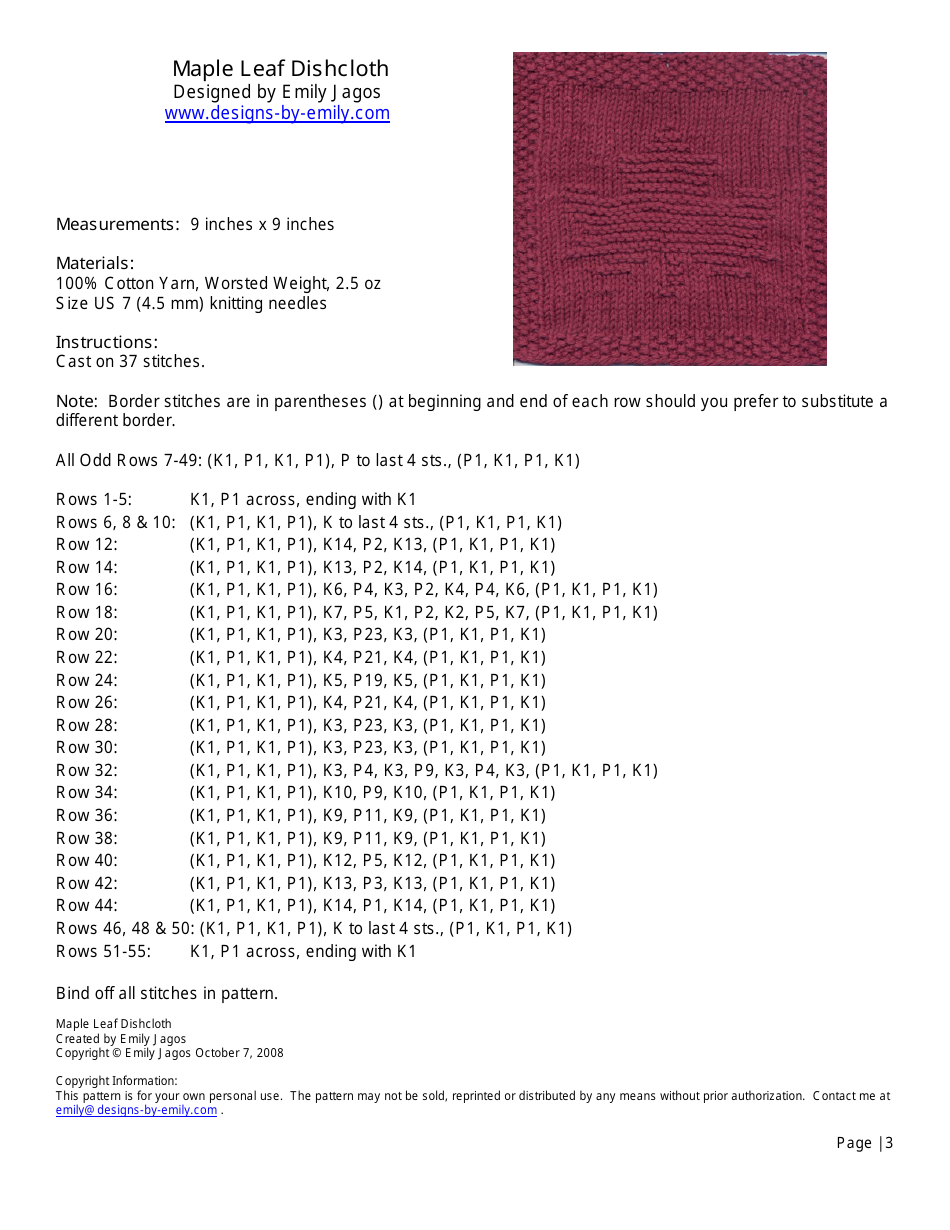 Maple Leaf Dishcloth Knitting Pattern - Emily Jagos, Page 3