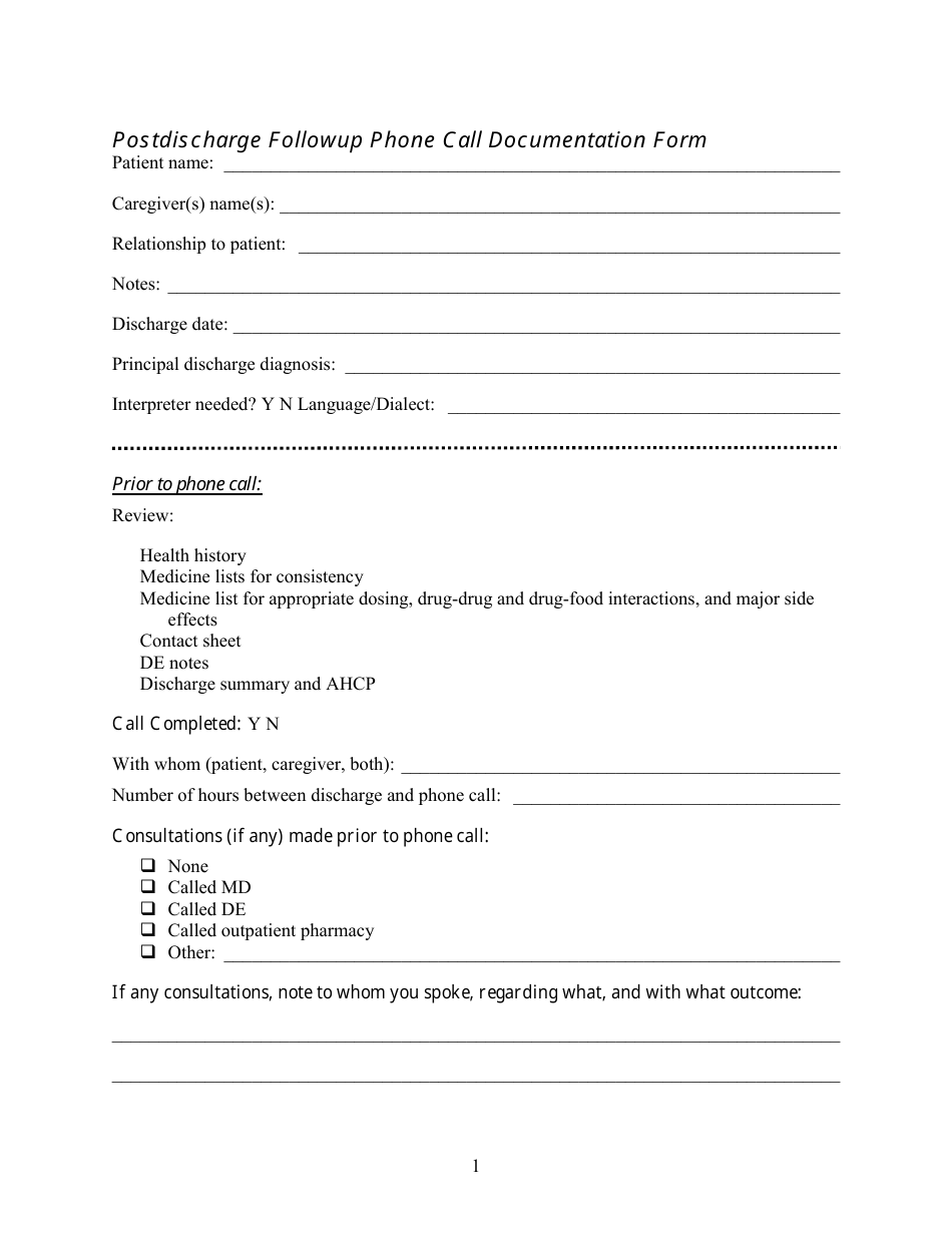 Postdischarge Followup Phone Call Documentation Form, Page 1