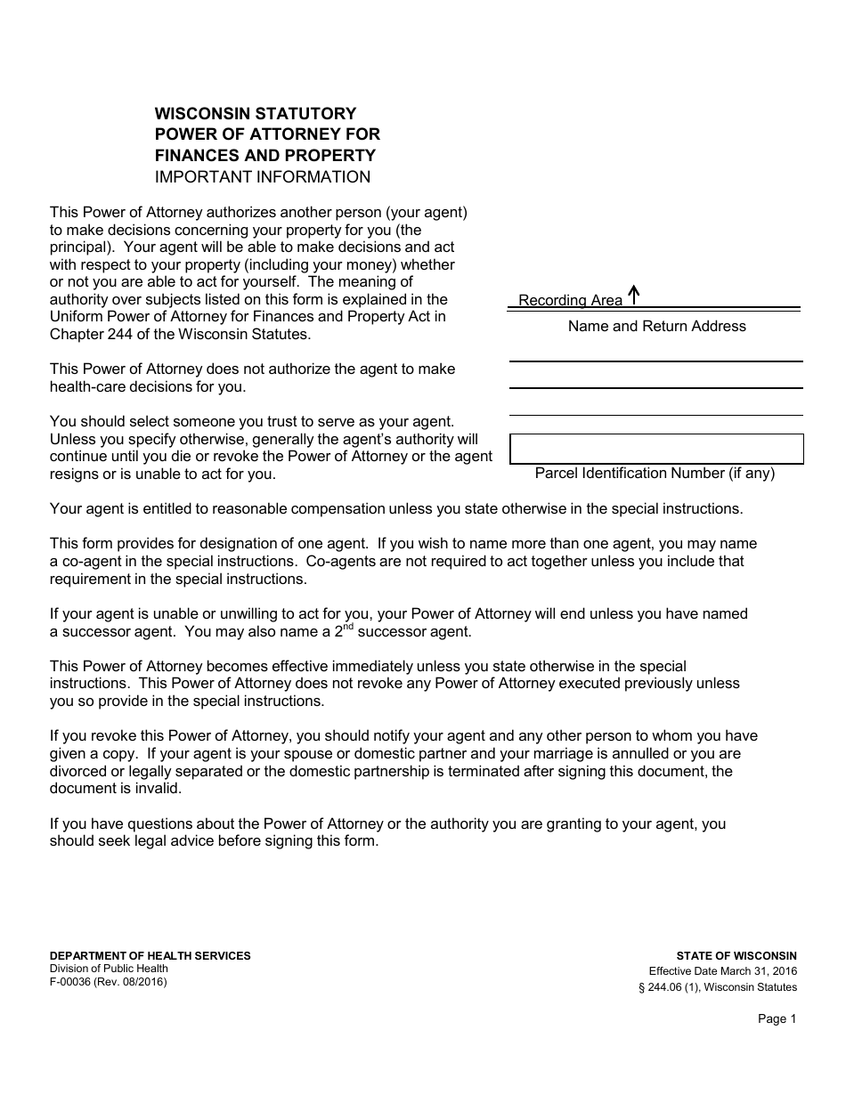 Form F-00036 Power of Attorney for Finance and Property - Wisconsin, Page 2
