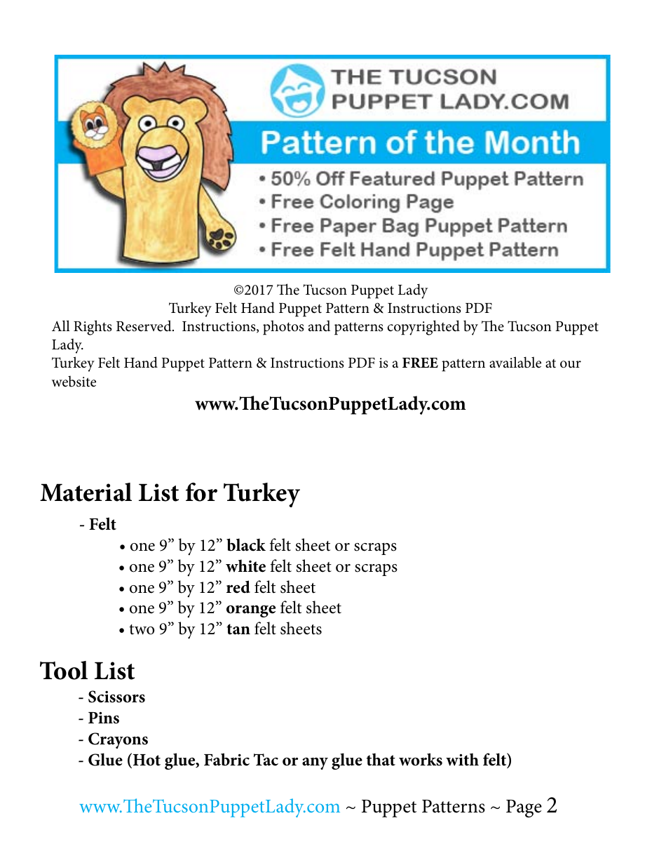 Turkey Felt Hand Puppet Templates - the Tucson Puppet Lady, Page 2