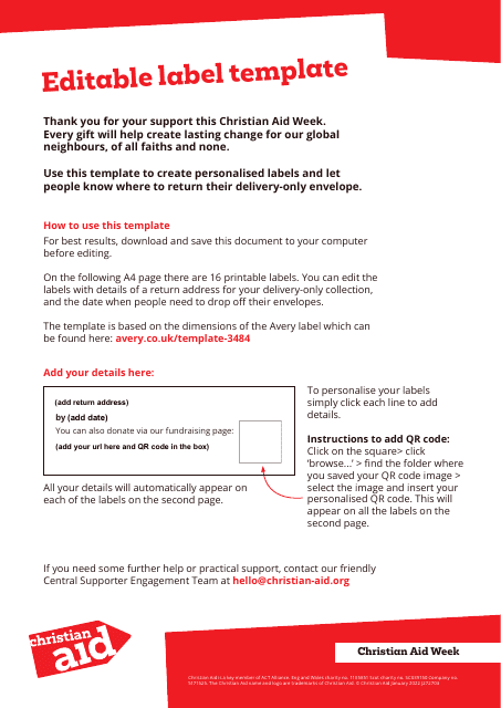 Fundraising Label Templates for Christian Aid