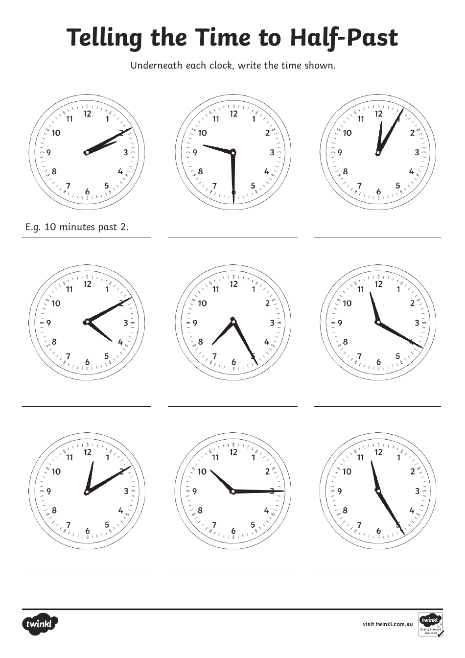 Image preview of our "Telling Time Worksheet - Telling the Time to Half-Past