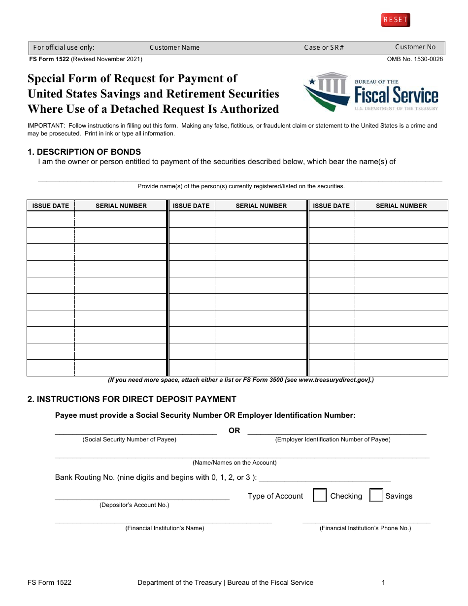 FS Form 1522 Special Form of Request for Payment of United States Savings and Retirement Securities Where Use of a Detached Request Is Authorized, Page 1