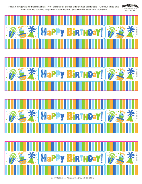 Happy Birthday Napkin Ring/Water Bottle Label Templates - Oriental Trading Company