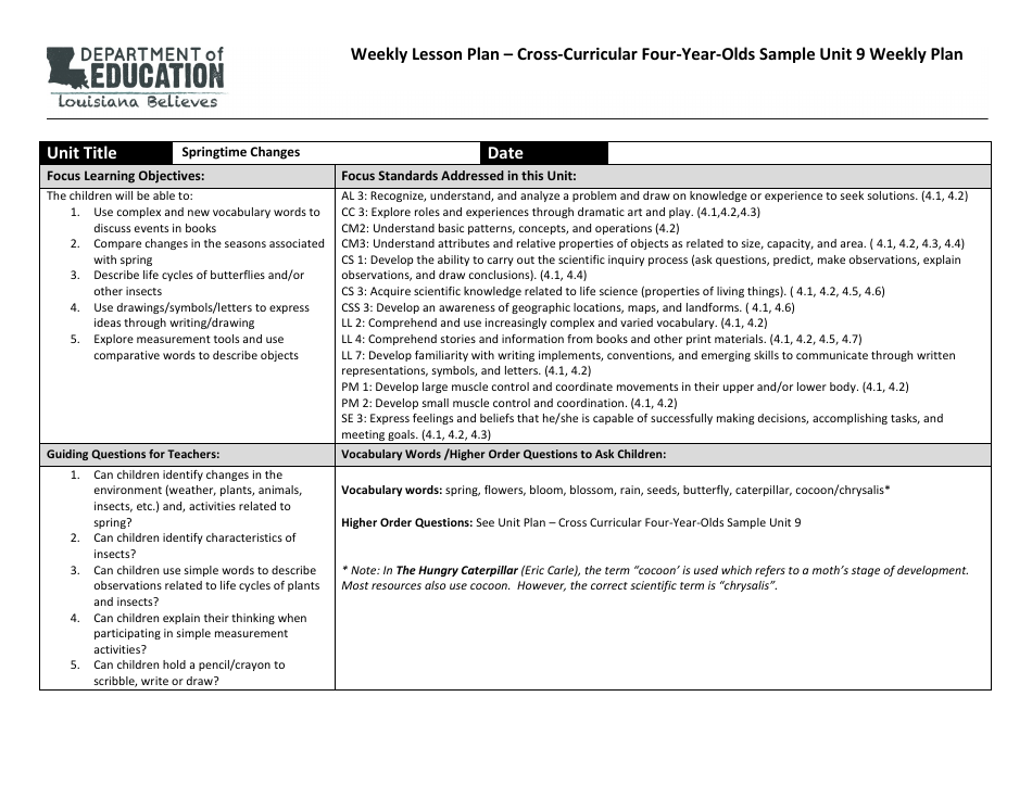 Weekly Lesson Plan - Cross-curricular Four-Year-Olds Sample Unit 9 Weekly Plan - Louisiana, Page 1