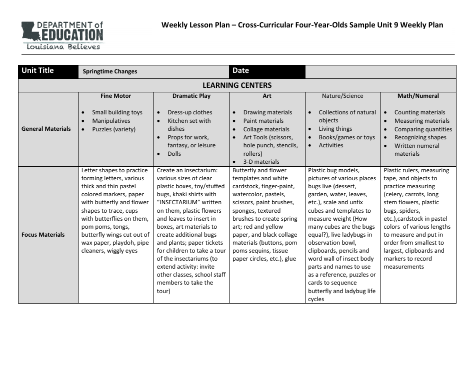 Louisiana Weekly Lesson Plan Cross curricular Four Year Olds Sample