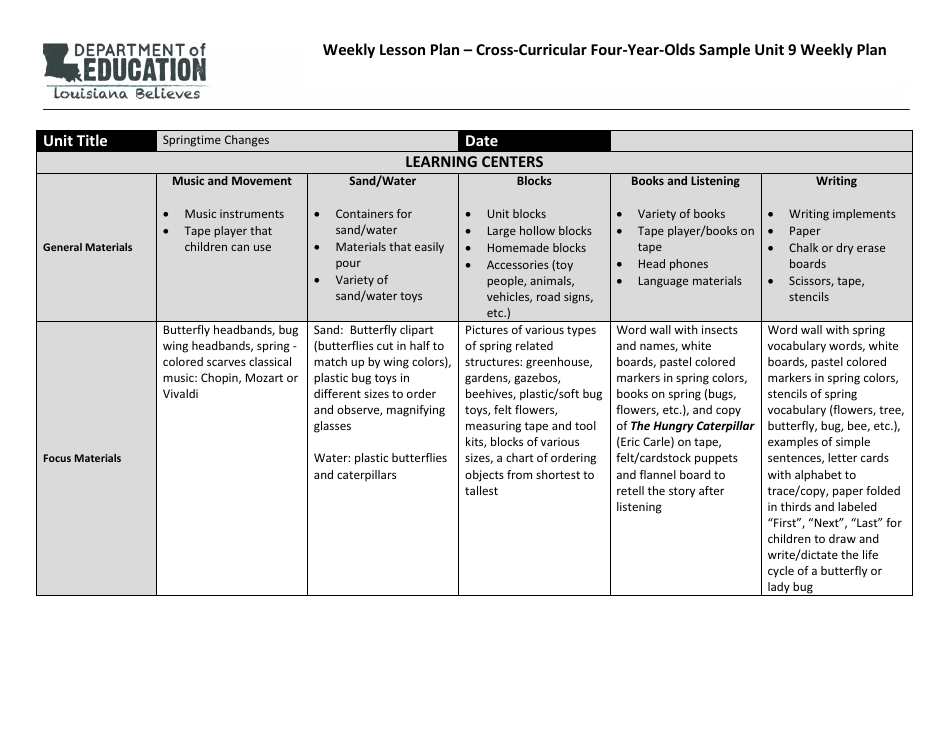 Louisiana Weekly Lesson Plan Cross curricular Four Year Olds Sample