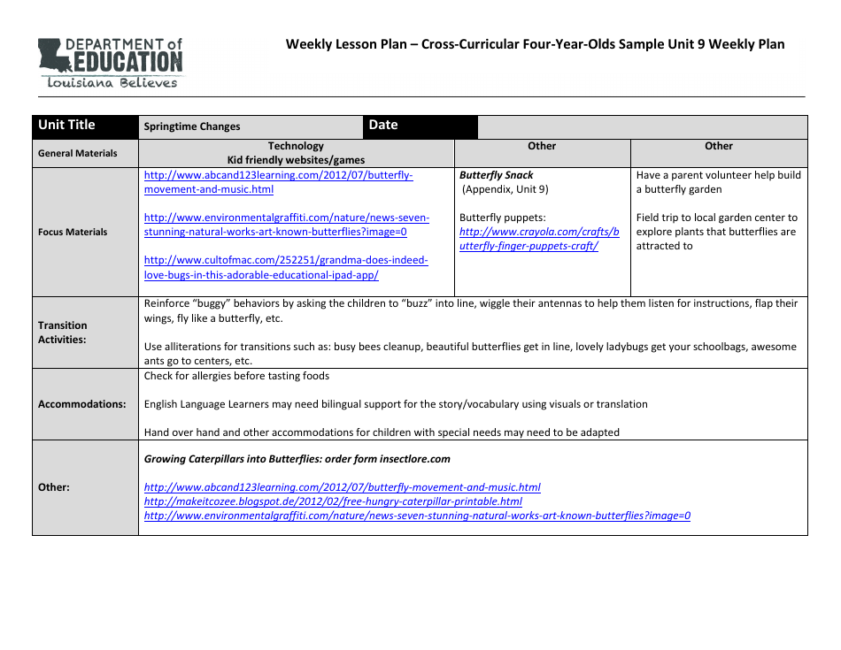 Louisiana Weekly Lesson Plan Cross curricular Four Year Olds Sample