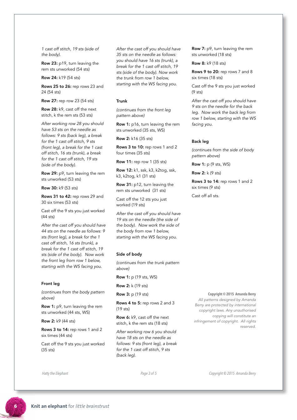 Cute Elephant Knitting Pattern - Amanda Berry, Page 6