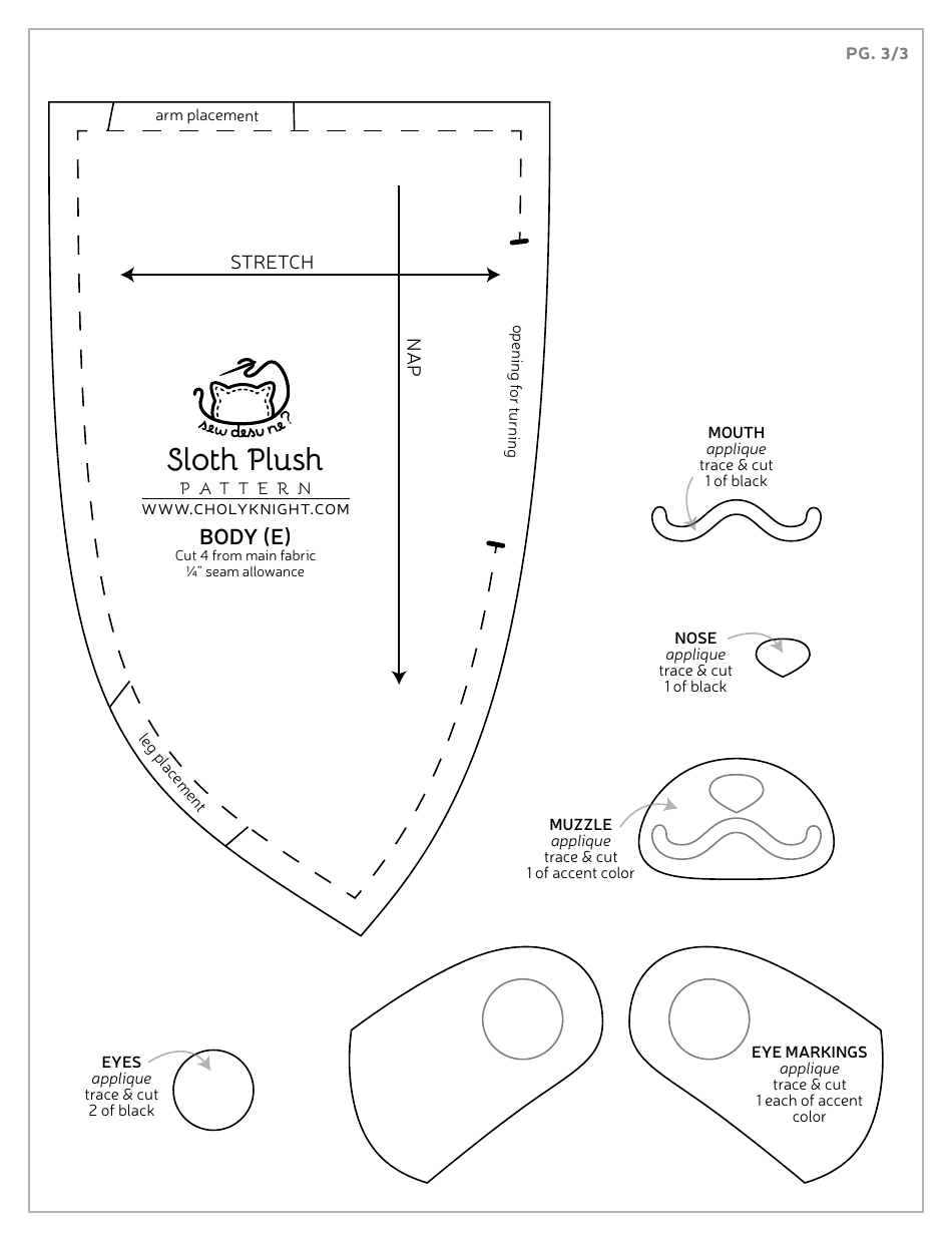 Sloth Plush Sewing Template, Page 17