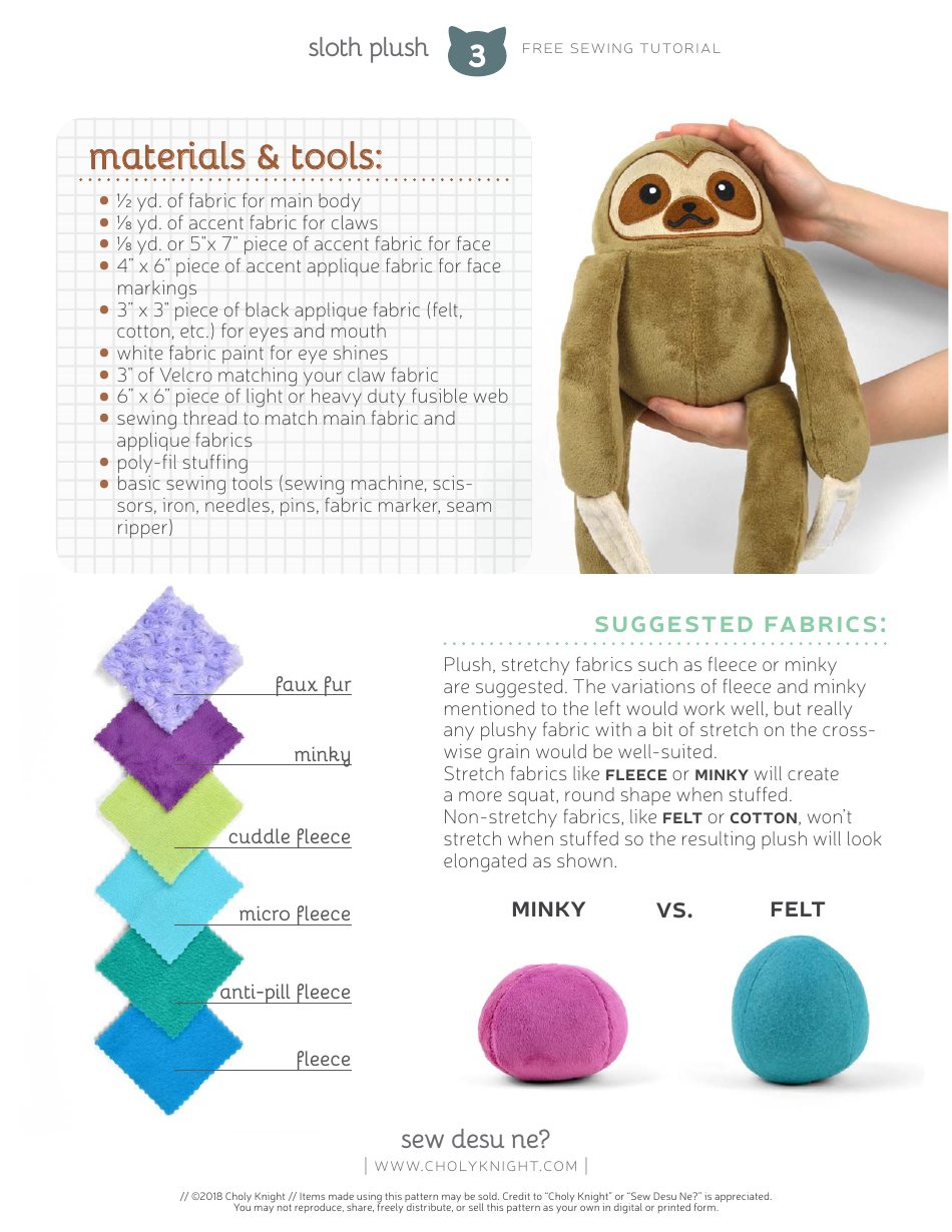 Sloth Plush Sewing Template, Page 3