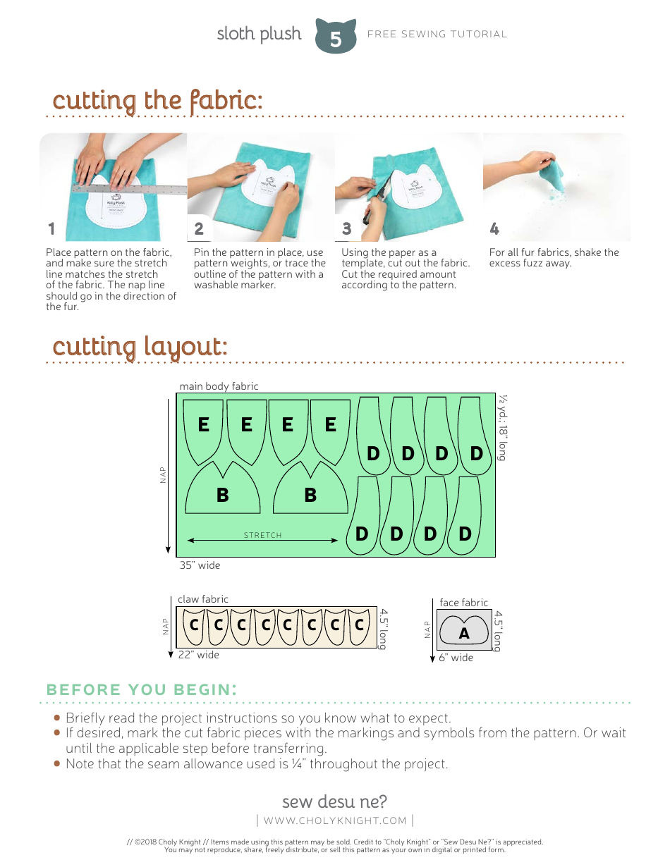 Sloth Plush Sewing Template, Page 5