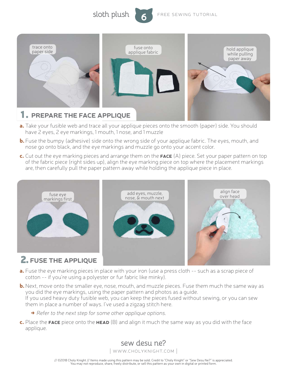Sloth Plush Sewing Template, Page 6
