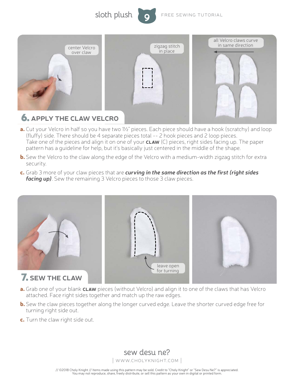 Sloth Plush Sewing Template, Page 9