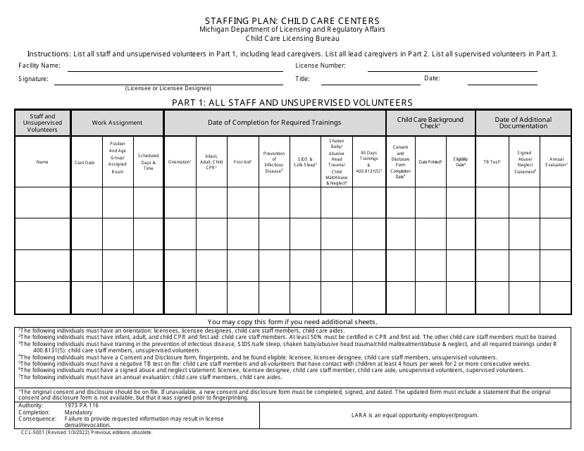 Form CCL-5001 Staffing Plan: Child Care Centers - Michigan
