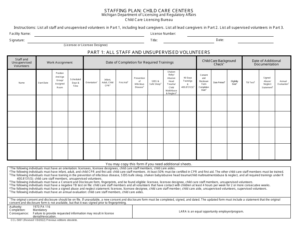 Form CCL-5001 Staffing Plan: Child Care Centers - Michigan, Page 1