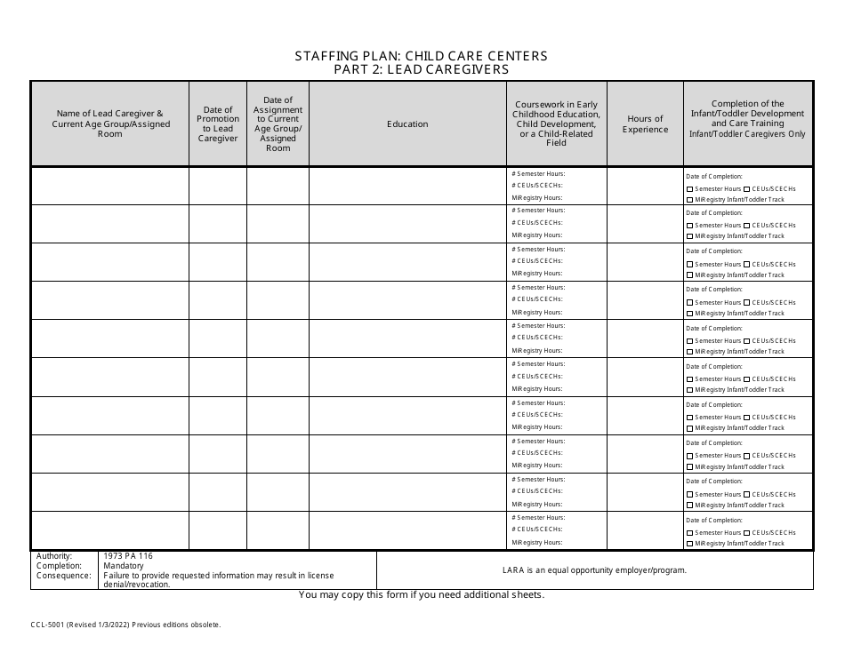 Form CCL-5001 Staffing Plan: Child Care Centers - Michigan, Page 3