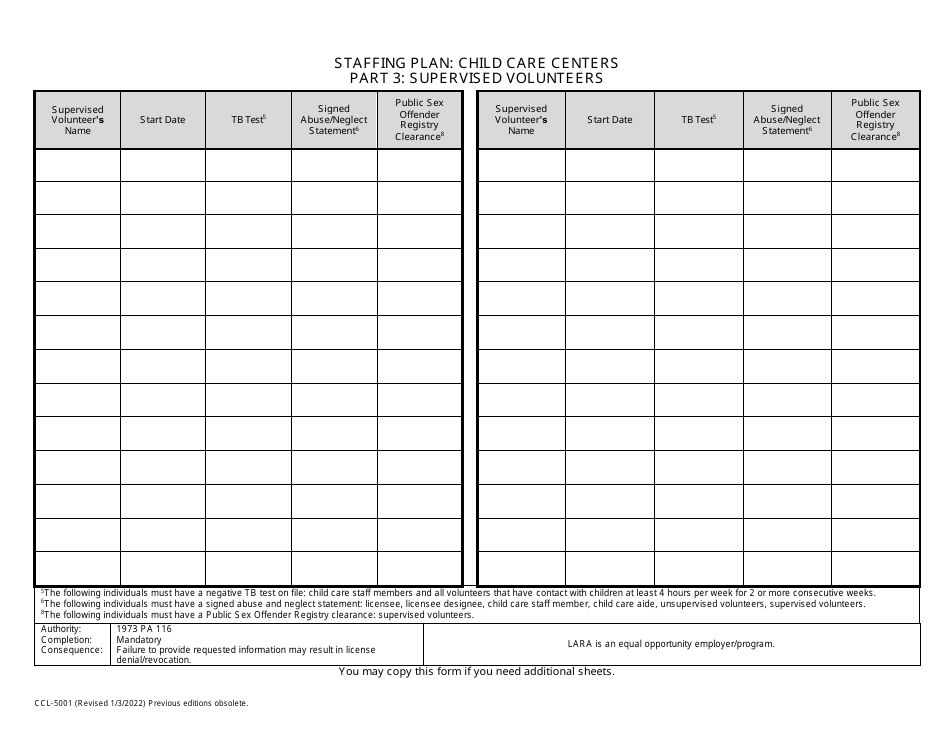 Form CCL-5001 Staffing Plan: Child Care Centers - Michigan, Page 4