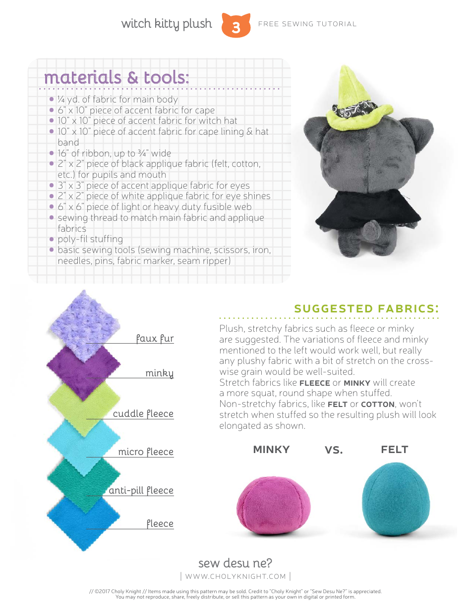 Witch Kitty Plush Sewing Pattern Template, Page 3