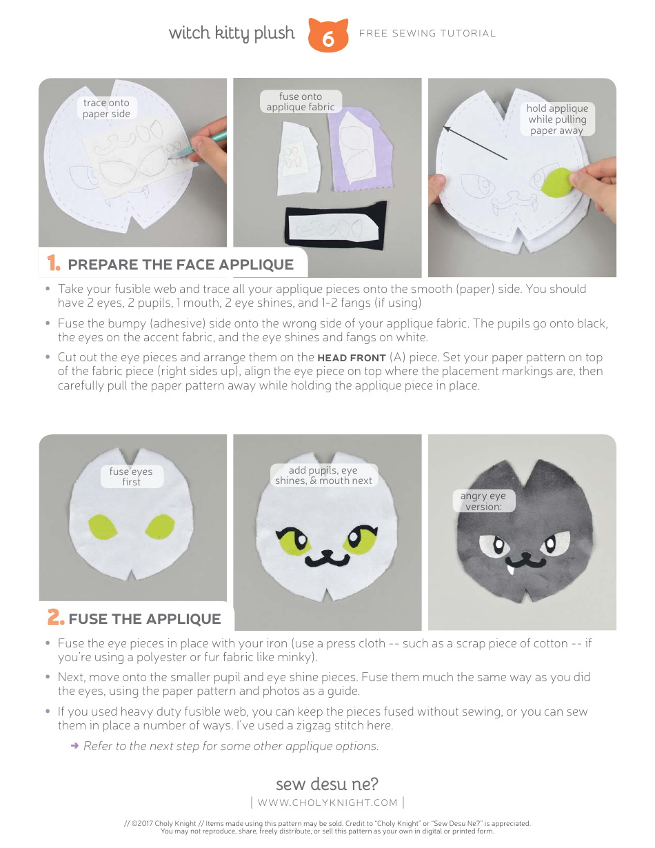 Witch Kitty Plush Sewing Pattern Template, Page 6