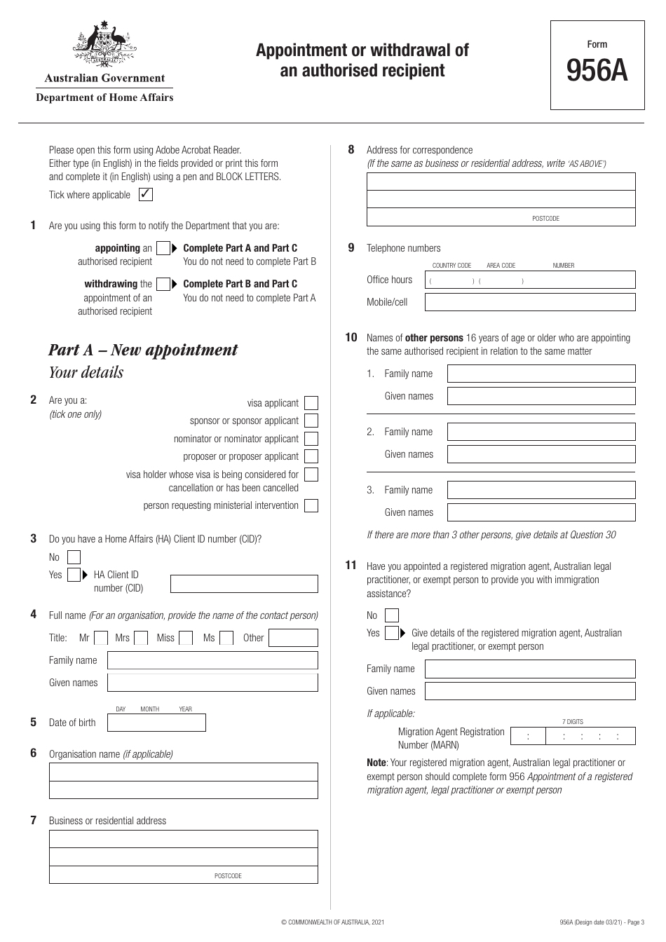 Form 956A Appointment or Withdrawal of an Authorised Recipient - Australia, Page 3