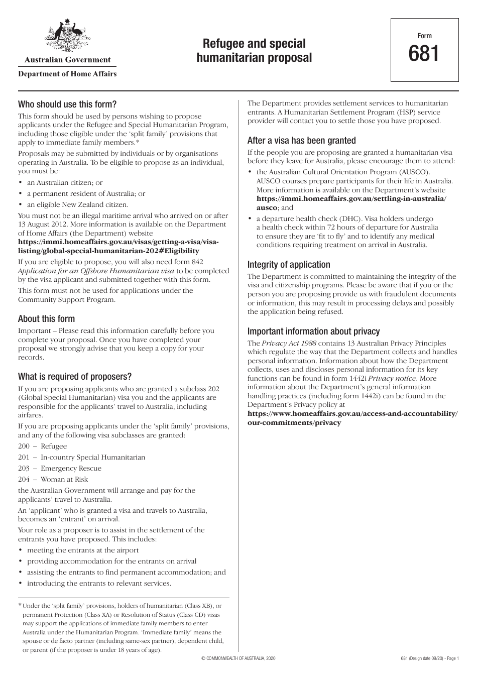 Form 681 Refugee and Special Humanitarian Proposal - Australia, Page 1