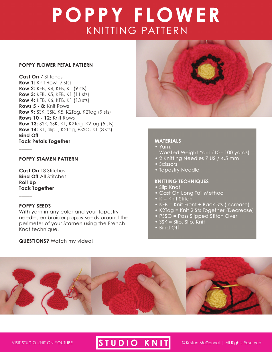 Poppy Flower Knitting Pattern, Page 1