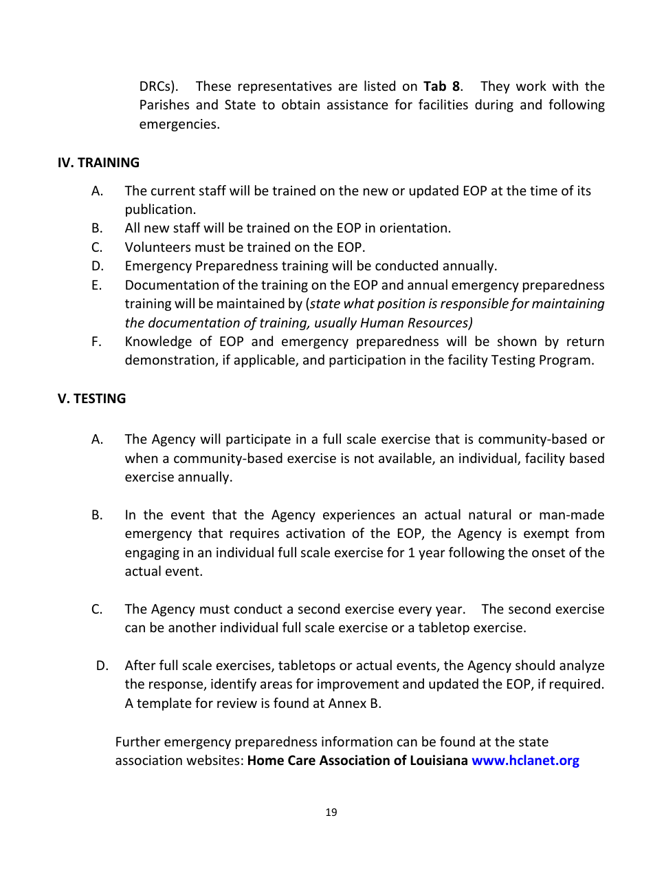 Home Health Agency Emergency Operations Plan - Louisiana, Page 19