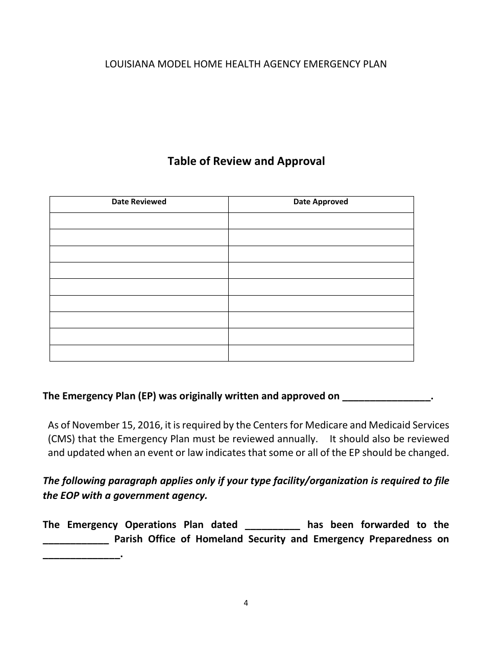 Home Health Agency Emergency Operations Plan - Louisiana, Page 4