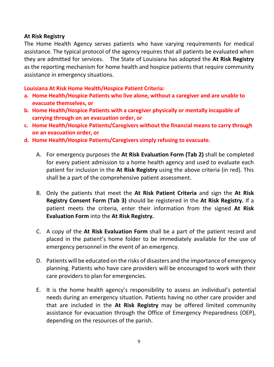 Home Health Agency Emergency Operations Plan - Louisiana, Page 9