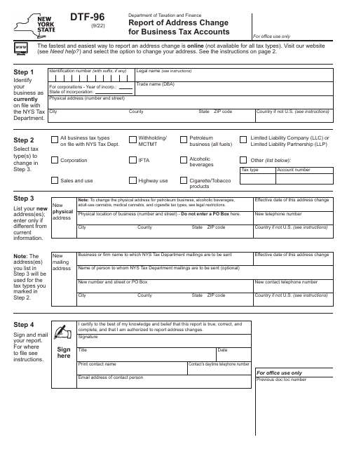 Form DTF-96 Report of Address Change for Business Tax Accounts - New York