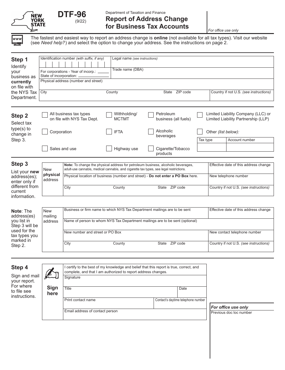 Form DTF-96 Report of Address Change for Business Tax Accounts - New York, Page 1