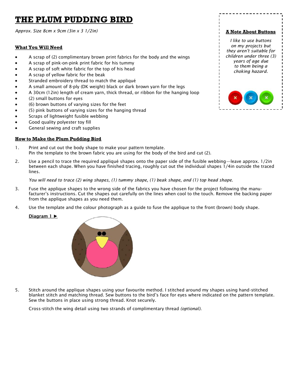 Plum Pudding Bird Sewing Pattern Template, Page 3
