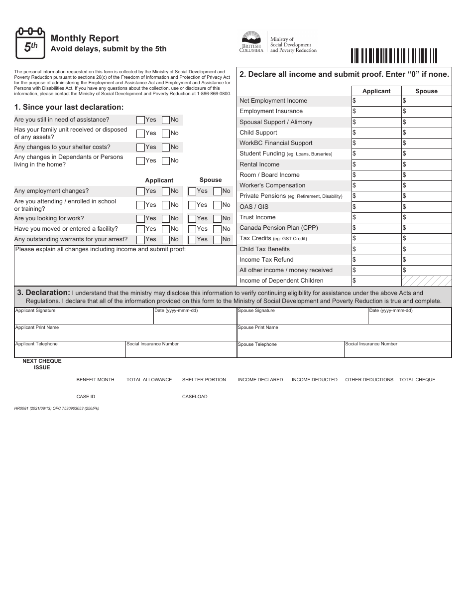 Form HR0081 Monthly Report - British Columbia, Canada, Page 1