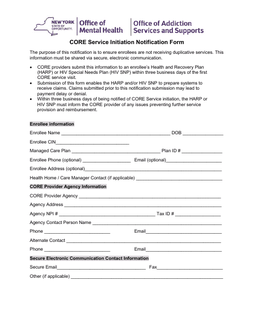Core Service Initiation Notification Form - New York Download Pdf