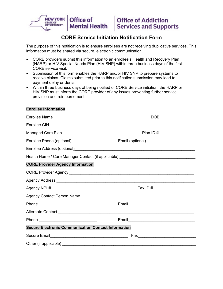 Core Service Initiation Notification Form - New York, Page 1