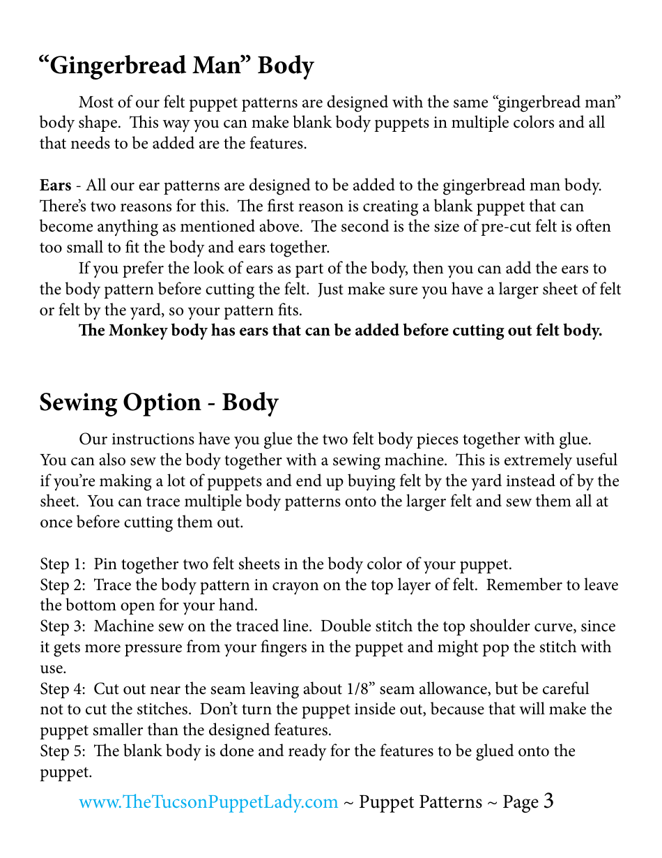Monkey Felt Hand Puppet Pattern Template, Page 3