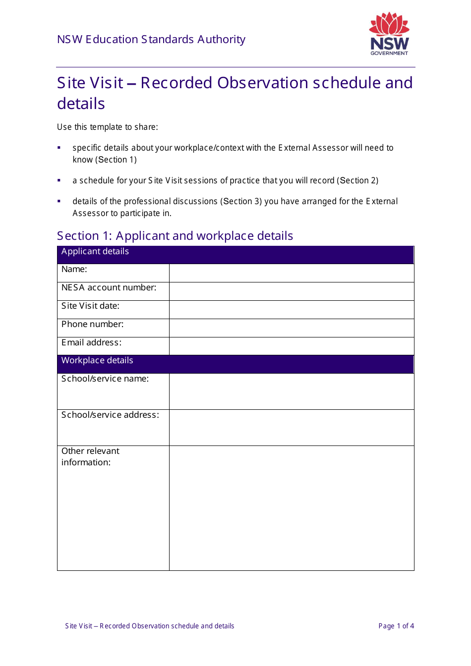 Site. Visit Milestone Example.pdf New South Wales Australia Site Visit - Recorded Observation Schedule ...