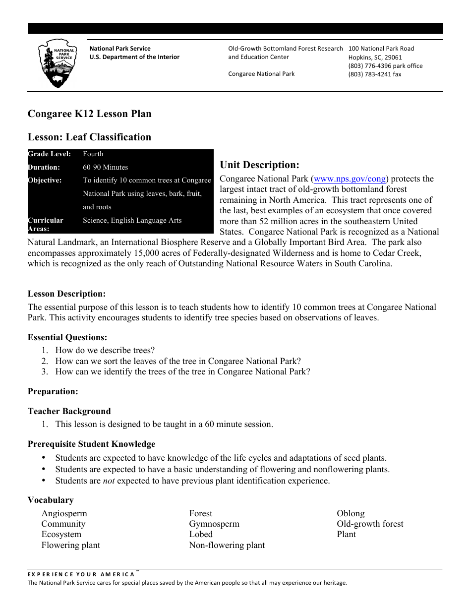 Congaree K12 Lesson Plan: Leaf Classification, Page 1