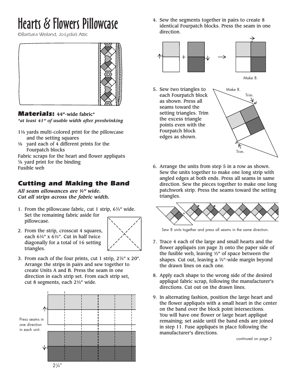 Hearts & Flowers Pillowcase Pattern Templates Barbara Weiland