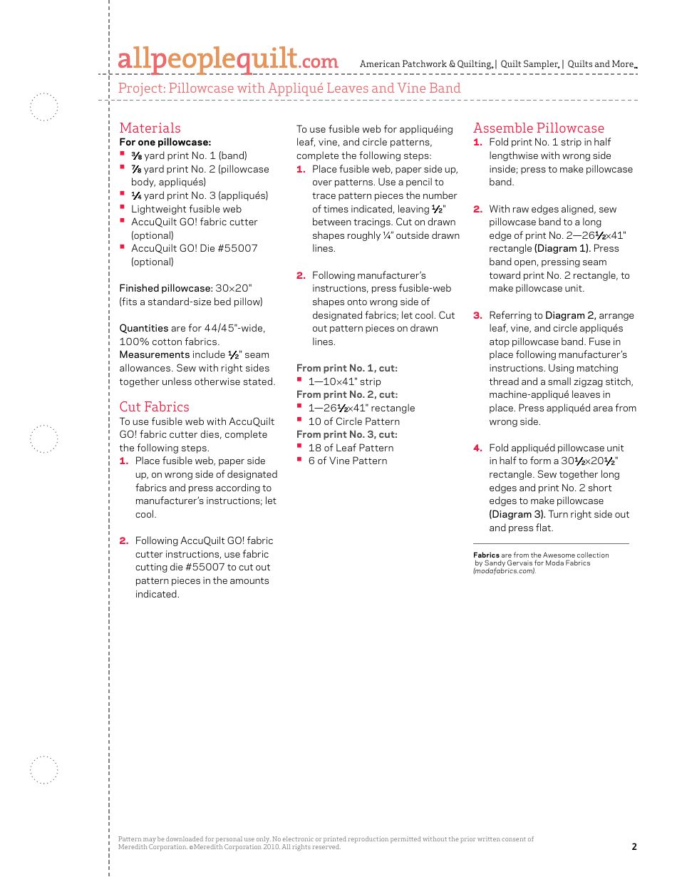 Pillowcase With Applique Leaves and Vine Band Quilting Template, Page 2