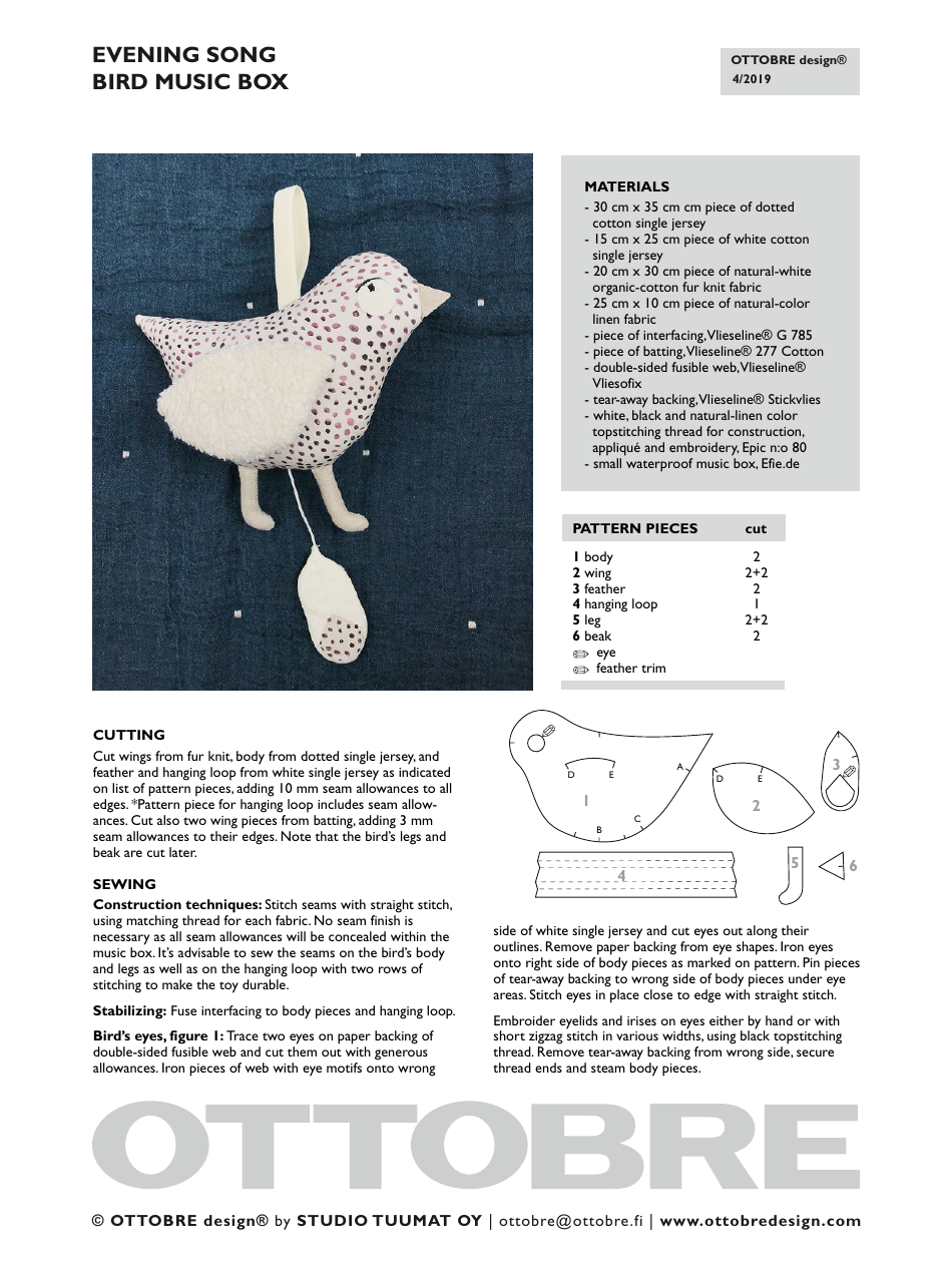 Vintage Evening Song Bird Music Box Sewing Pattern Templates