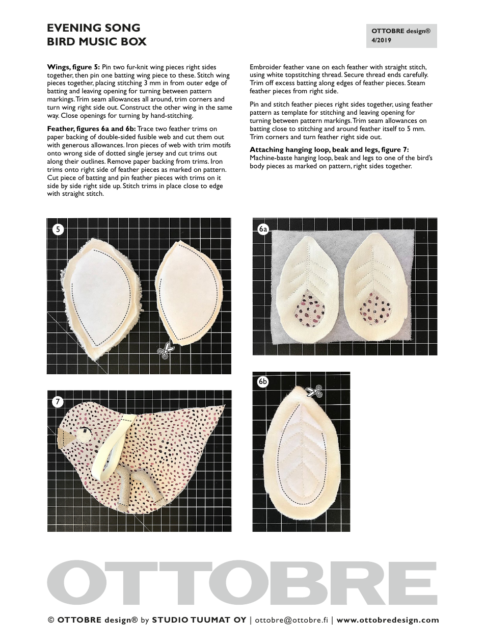 Evening Song Bird Music Box Sewing Pattern Templates, Page 3