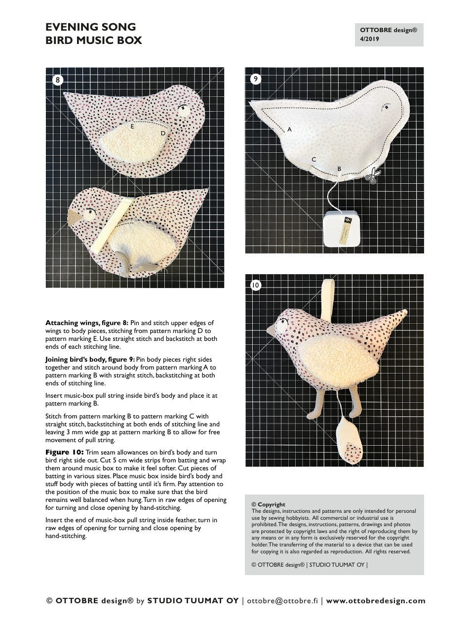 Evening Song Bird Music Box Sewing Pattern Templates, Page 4