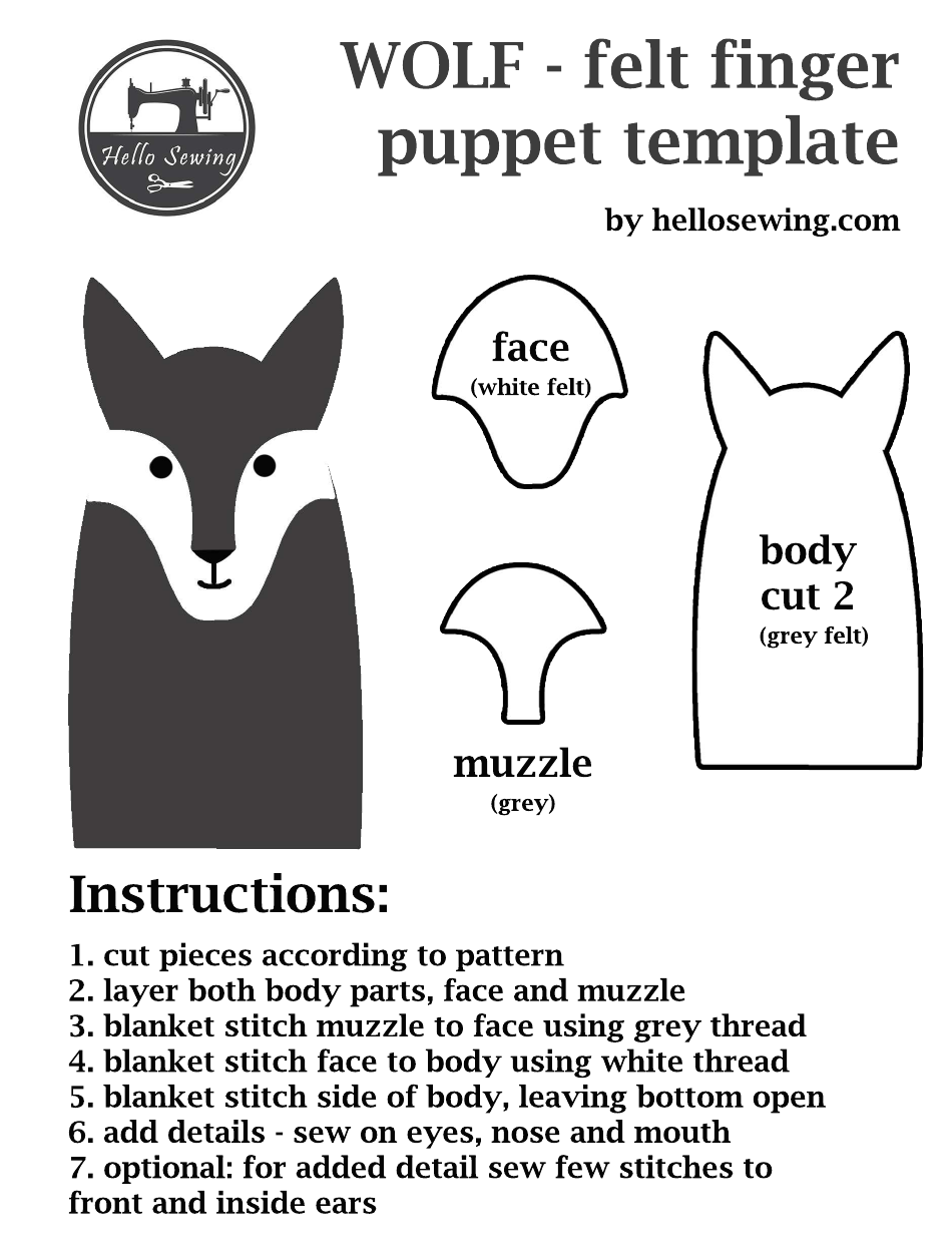 Felt Wolf Finger Puppet Template, Page 1