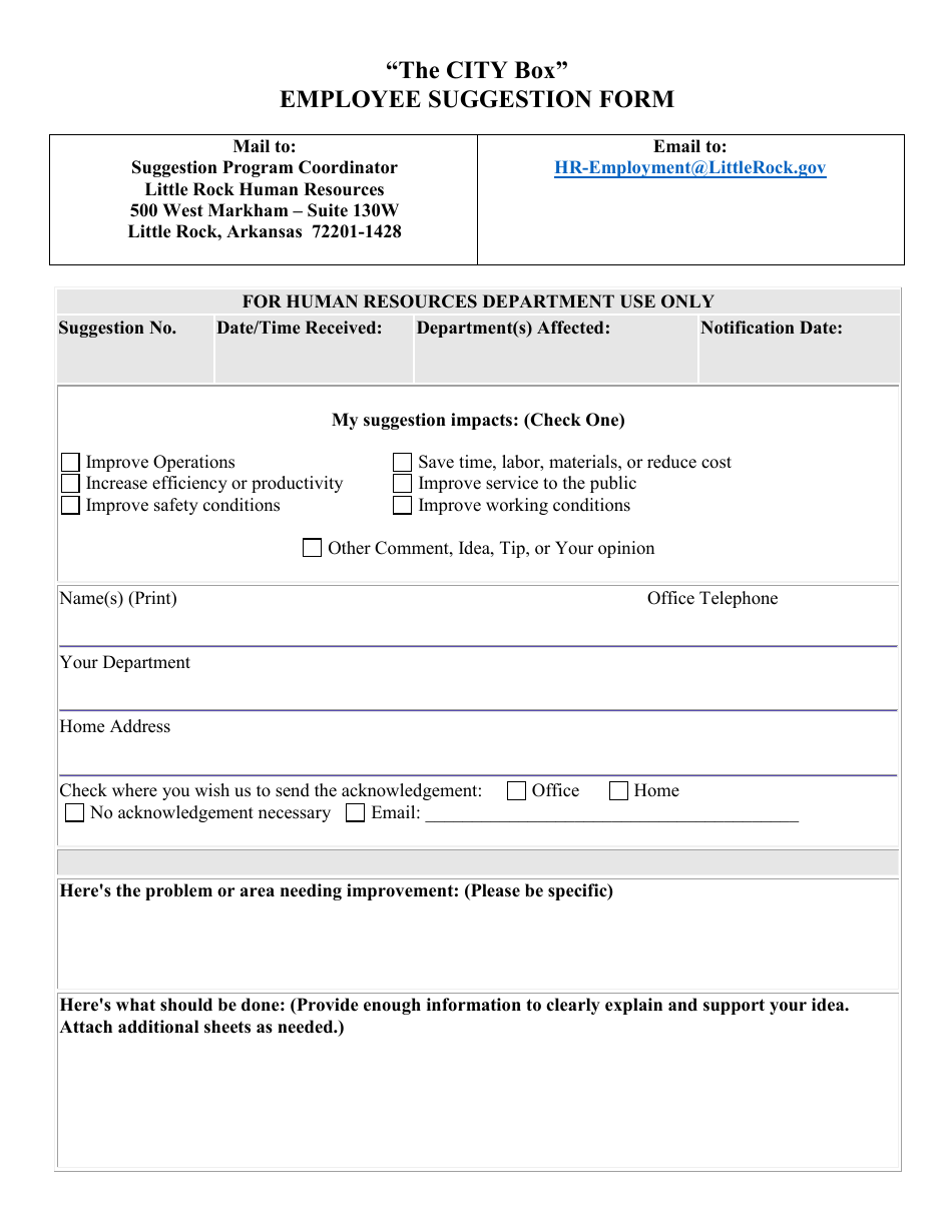 Employee Suggestion Form - City of Little Rock, Arkansas, Page 1