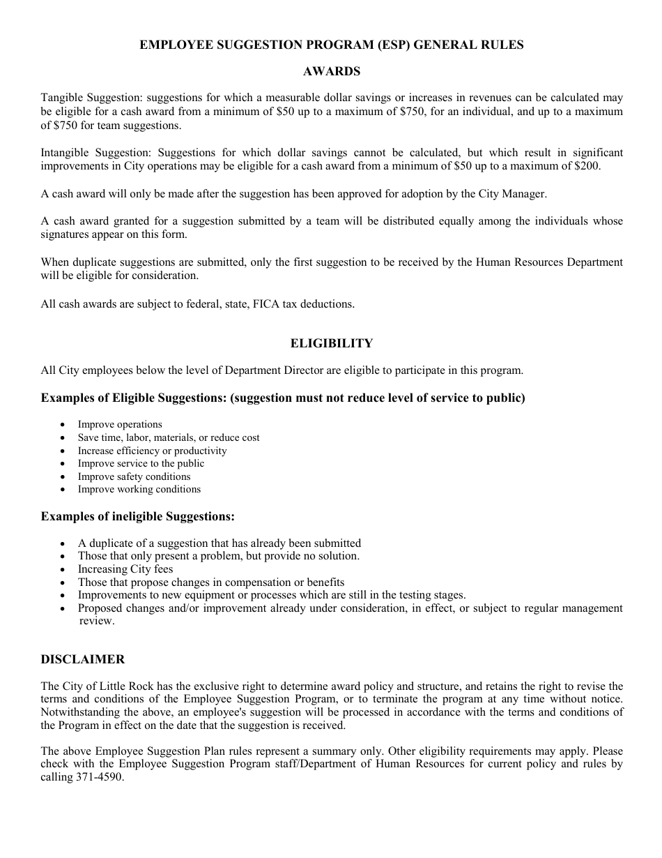 Employee Suggestion Form - City of Little Rock, Arkansas, Page 3