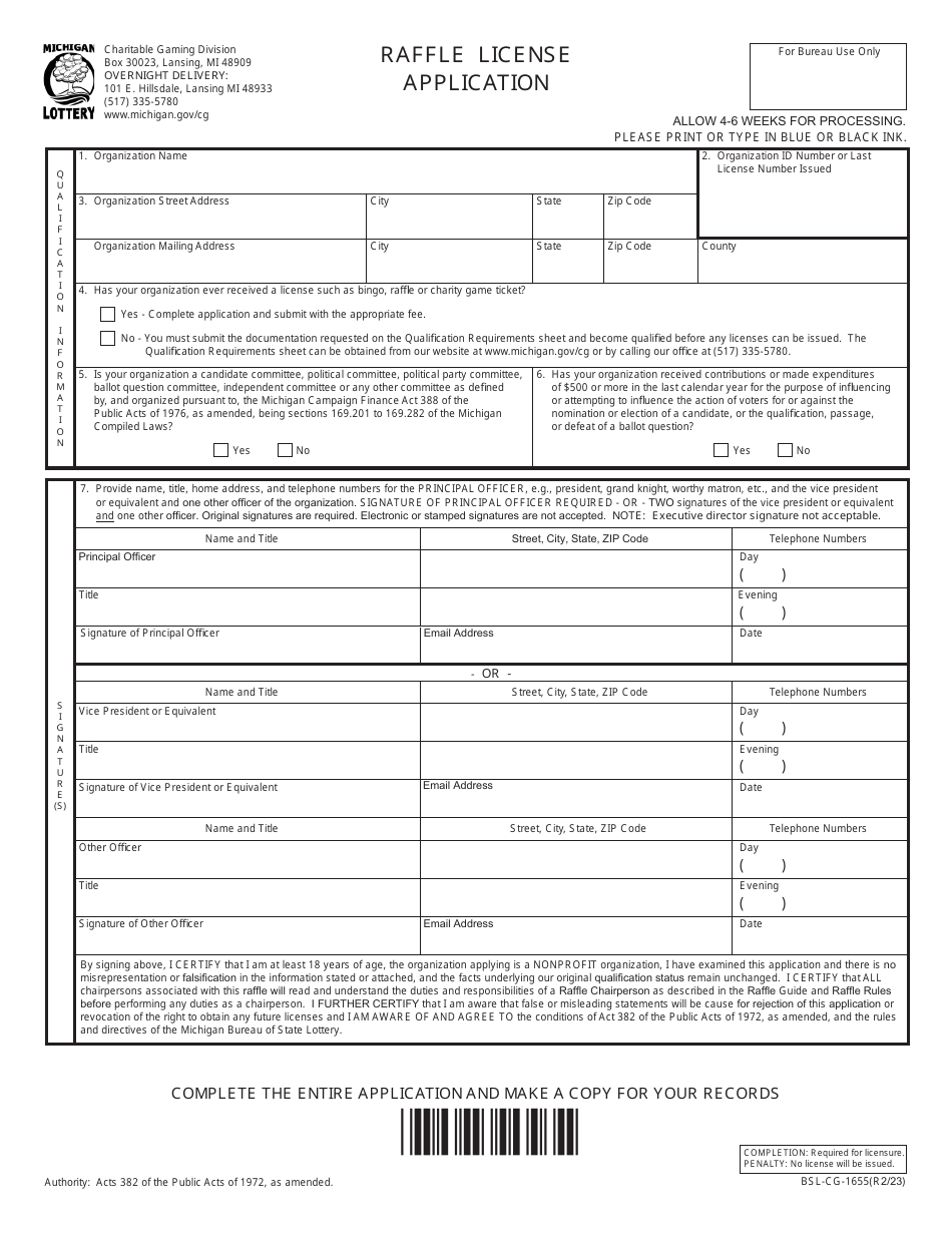 Form BSL-CG-1655 Raffle License Application - Michigan, Page 1