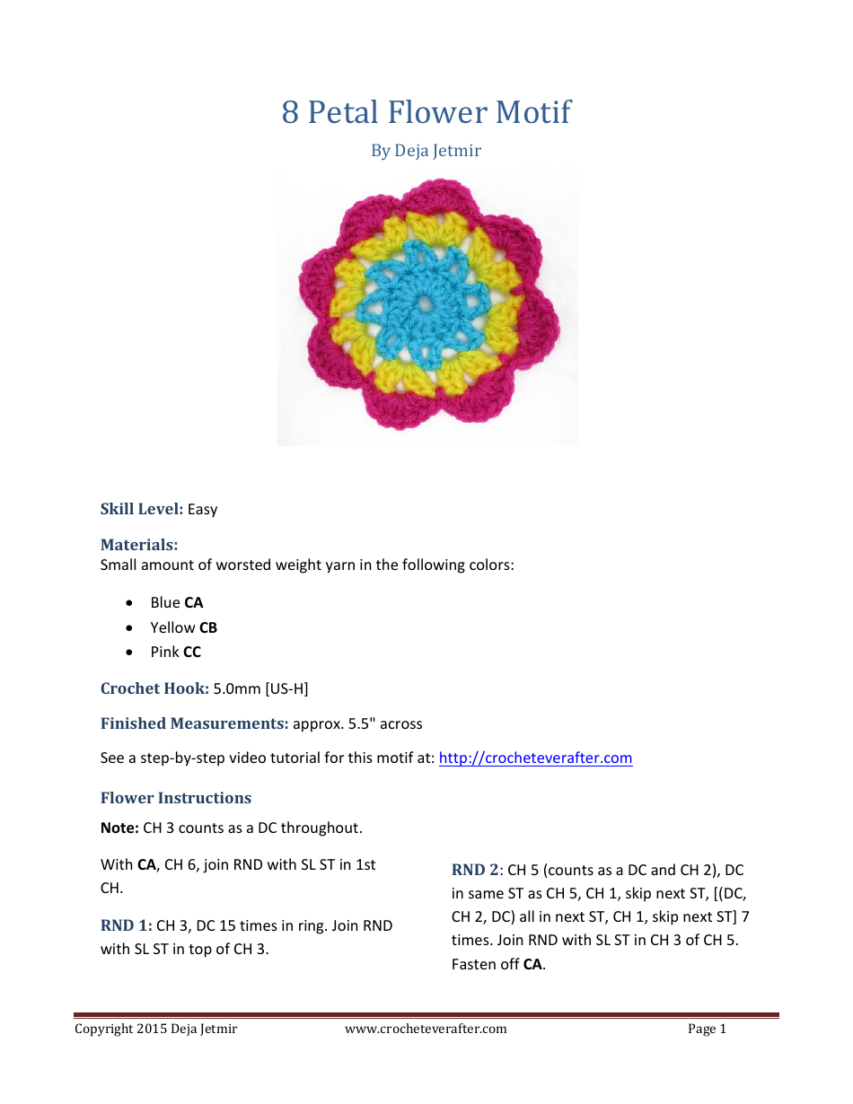 8 Petal Flower Motif Crochet Pattern - Document Preview Image